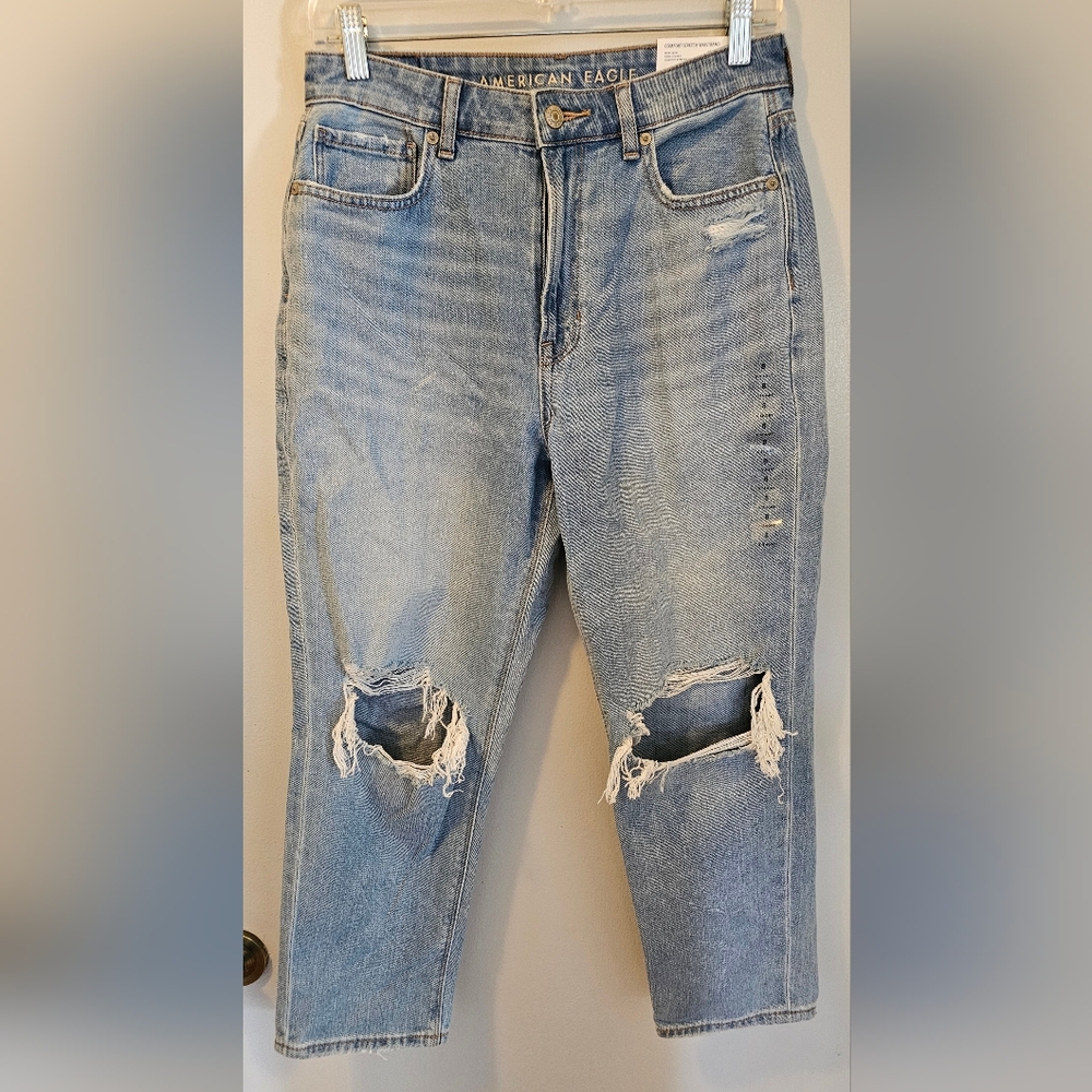American Eagle Comfort Stretch Mom Jeans Distressed Blue Womens Sz 8 X Short NWT